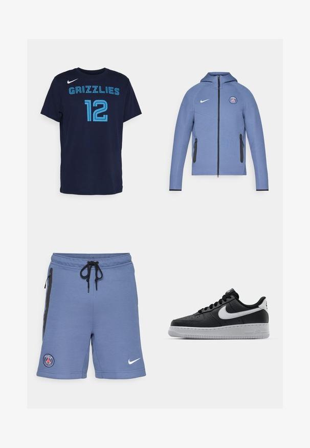 Blaue Zip-Jacke aus glattem Stoff, mit Kapuze, schwarzen Reißverschlusstaschen und einem Logo auf der Brust. Mit weißem Nike-Branding akzentuiert.; Navyblaue Baumwoll-T-Shirt mit kurzen Ärmeln, das "GRIZZLIES" und die Nummer "12" in hellblauen Buchstaben zeigt. Nike-Logo auf der linken Schulter vorne.; Blaue Sportshorts aus weichem Gewebe, mit schwarzen seitlichen Reißverschlüssen, einem Kordelzugbund und einem Paris Saint-Germain-Logo auf der linken Seite.; Schwarze Ledersneaker mit strukturierten Oberflächen, weißem Nike-Swoosh, grauer Sohle, runder Zehenpartie und Schnürdesign. Verfügt über Perforationen an der Zehenbox.