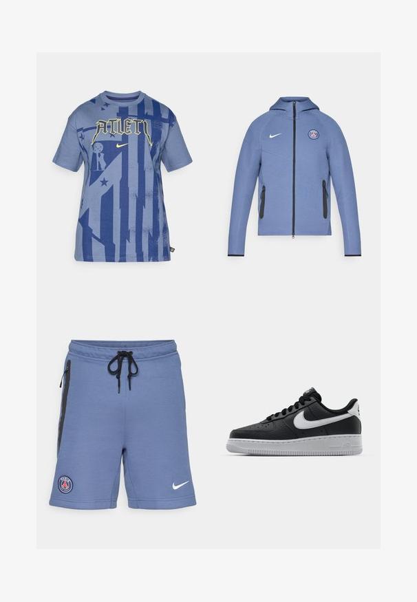 Blue zip-up jacket made of smooth fabric, featuring a hood, black zipper pockets, and a logo on the chest. Accented with white Nike branding.; Blue cotton T-shirt featuring a graphic design with yellow "ATLET" text, navy accents, and patterns of stars and geometric shapes.; Blue athletic shorts made of soft fabric, featuring black side zippers, a drawstring waist, and a Paris Saint-Germain logo on the left side.; Black leather sneaker with textured surface, white Nike swoosh, gray sole, round toe, and lace-up design. Features perforations on toe box.