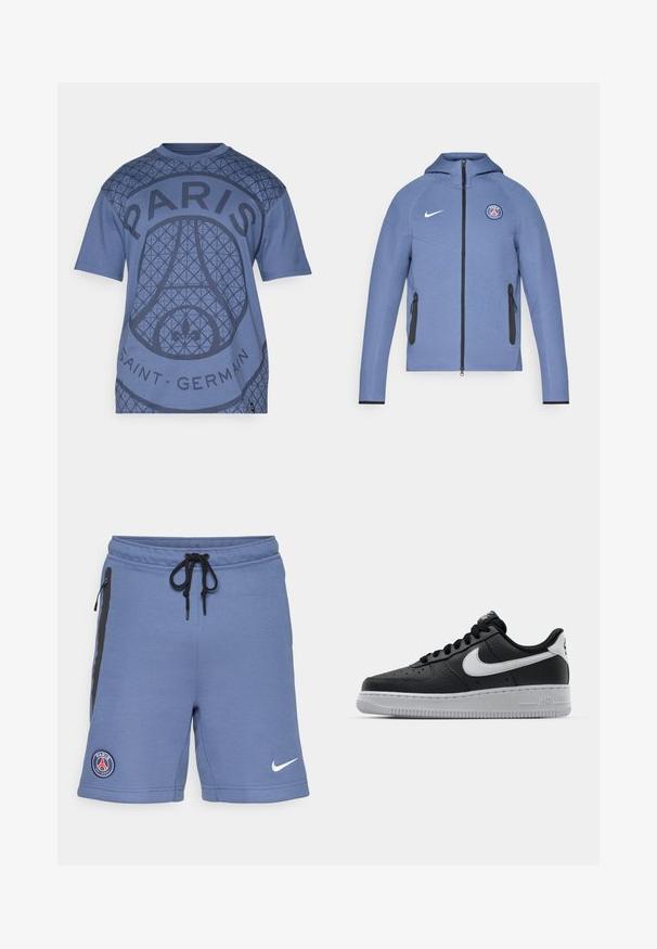 Blå lynlåsjakke lavet af glat stof, med hætte, sorte lynlås-lommer og et logo på brystet. Akcentueret med hvid Nike-branding.; Lyseblå T-shirt med et geometrisk mønster, stort "PARIS" tekst og "SAINT-GERMAIN" detalje. Lavet af blødt stof med rund hals.; Blå sportsshorts lavet af blødt stof, med sorte sidelommer, justerbar talje med snor og et Paris Saint-Germain-logo på venstre side.; Sort lædersneaker med tekstureret overflade, hvid Nike swoosh, grå sål, rund tå og snørebåndsdesign. Har perforeringer på tåboksen.