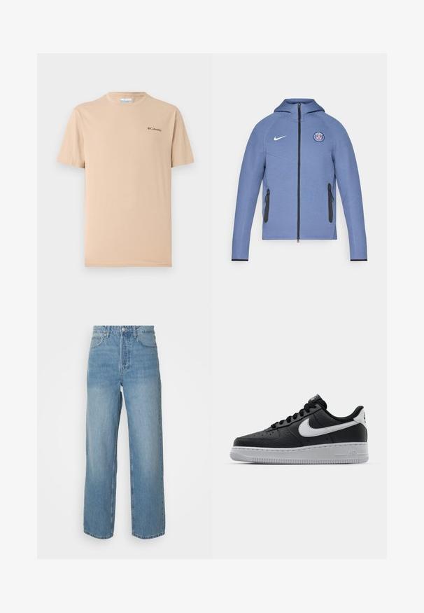 Sinine kapuutsiga ja siledast kangast tõmblukuga jakk, millel on mustad tõmblukupockets ja rinnal logo. Valgete Nike brändinguelementidega kaunistatud.; Beige lühikeste varrukatega t-särk, mis on valmistatud pehmest kangast, ümmarguse kaeluse ja väikese musta logoga vasakul rinnal. Lihtne disain.; Kõrgeltistetud helesinised teksad sirgete jalgadega, ees nööbiga kinnitamine ja viie-tasku stiil pluusil taustal.; Must musta sneaker tekstureeritud pinnaga, valge Nike logo, hall tald, ümar varv ja paeltega disain. Omab perforatsioone varbakasti peal.