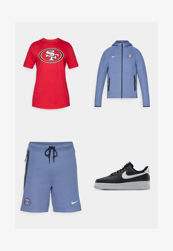 Mėlyna užtrauktuku užsegama striukė, pagaminta iš lygios medžiagos, su gaubtu, juodomis užtrauktuko kišenėmis ir logotipu ant krūtinės. Papuošta balta Nike ženklų.; Raudonas medvilninis marškinėliai su dideliu juodu ir baltu "SF" logotipu ovalo kontūre. Trumpomis rankovėmis ir apvaliu iškirpimu.; Mėlyni sportiniai šortai, pagaminti iš minkštos medžiagos, su juodais šoniniu užtrauktukais, raišteliu juosmenyje ir "Paris Saint-Germain" logotipu kairėje pusėje.; Juoda odinė sportinė avalynė su tekstūruota danga, balta Nike swoosh, pilkas padas, apvalus nosis ir raištelių užsegimas. Yra perforacijos ant nosies.