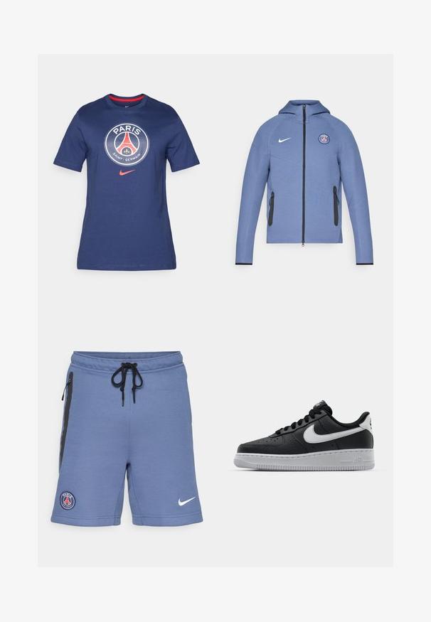 Modrá zipová bunda vyrobená z hladké látky, s kapucí, černými zipovými kapsami a logem na hrudi. Ozdobena bílým brandingem Nike.; Námořnická modrá bavlněná tričko s kulatým logem, na němž je text "PARIS", emblém Paris Saint-Germain a červené akcenty, s designem s kulatým výstřihem.; Modré sportovní šortky vyrobené z měkké tkaniny, s černými bočními zipy, stahovacími šňůrkami v pase a logem Paris Saint-Germain na levé straně.; Černé kožené tenisky s texturovaným povrchem, bílým logem Nike, šedou podrážkou, kulatou špičkou a designem na šněrování. Obsahují perforace na špičce.