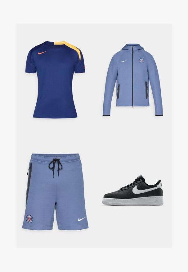 Casaco azul com fecho de correr, feito de tecido liso, com capuz, bolsos com fecho a preto e um logótipo no peito. Realçado com a marca branca da Nike.; Camisa desportiva de mangas curtas em azul marinho com um painel amarelo no ombro e o swoosh vermelho da Nike no peito e na manga.; Calções atléticos azuis feitos de um tecido macio, com zíperes laterais pretos, cintura com cordão ajustável e o logótipo do Paris Saint-Germain no lado esquerdo.; Sapatilha de pele preta com superfície texturizada, swoosh branco da Nike, sola cinza, bico redondo e design com atacadores. Apresenta perfurações na caixa dos dedos.