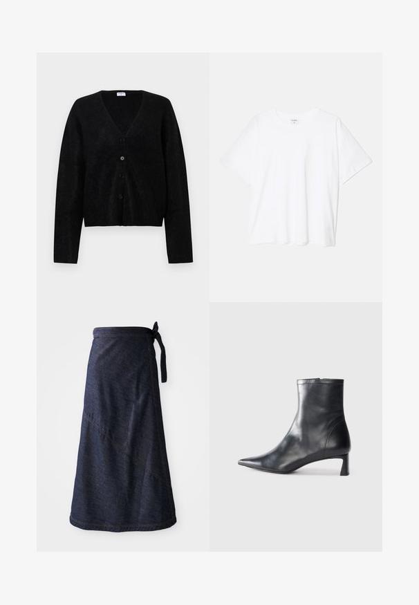 Juodas kardiganas, pagamintas iš tekstūrinio audinio, su V formos iškirpimu, priekiniais mygtukais ir ilgomis rankovėmis. Paprastas dizainas, be raštų ar akcentų.; Balta medvilnės marškinėliai trumpomis rankovėmis, apvalia iškirpte, laisvo kirpimo ir su siūtu kraštu. Etiketė matoma vidinėje iškirptės pusėje.; Tamsiai mėlyna džinsinė apykaklėta sijonas su surištu juosmeniu, su įstrižiniais siūlais ir lygiu paviršiumi. Ilgis siekia šiek tiek žemiau kelių.; Juodas odinis kulkšninis batas su smailiu pirštu ir elegantišku dizainu. Turi žemą kulną ir užtrauktuką gale. Lygi tekstūra.