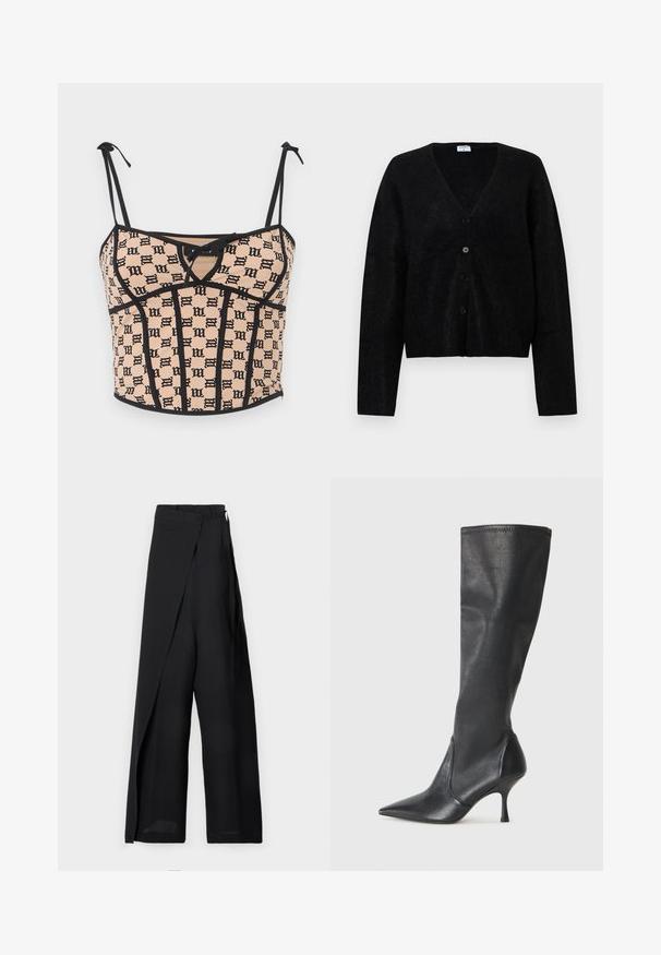 Czarny kardigan wykonany z teksturowanej tkaniny, z dekoltem w kształcie litery V, z przodu zapinany na guziki i z długimi rękawami. Prosty design bez wzorów czy akcentów.; MISBHV - Top; Czarne spodnie szerokie w nogawkach z fasonem w stylu owijanym, charakteryzujące się gładką teksturą, wysokim stanem oraz detalem w postaci wiązania z boku. Wykonane z lekkiego materiału.; Czarne skórzane botki do kolan z ostrym noskiem i wąskim obcasem w szpilkę. Gładka tekstura z dopasowanym krojem i przeszyciem na górnej krawędzi.