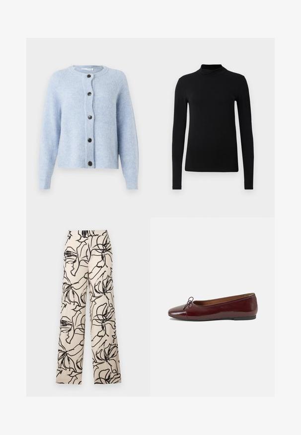 Cardigan de un bleu deschis, confecționat dintr-un material moale și texturat, având un decolteu rotund, mâneci lungi și șase nasturi negri pe partea din față.; Cămașă neagră cu mânecă lungă și guler înalt, dintr-un material neted; design ajustat, fără cusături vizibile. Culoare simplă, uniformă.; Pantaloni largi dintr-un material ușor, cu un fundal crem și un model floral abstract negru.; Balerini din piele patent burgund cu vârful rotund, accent de fundiță mică în față și talpă joasă din cauciuc negru. Textură netedă.