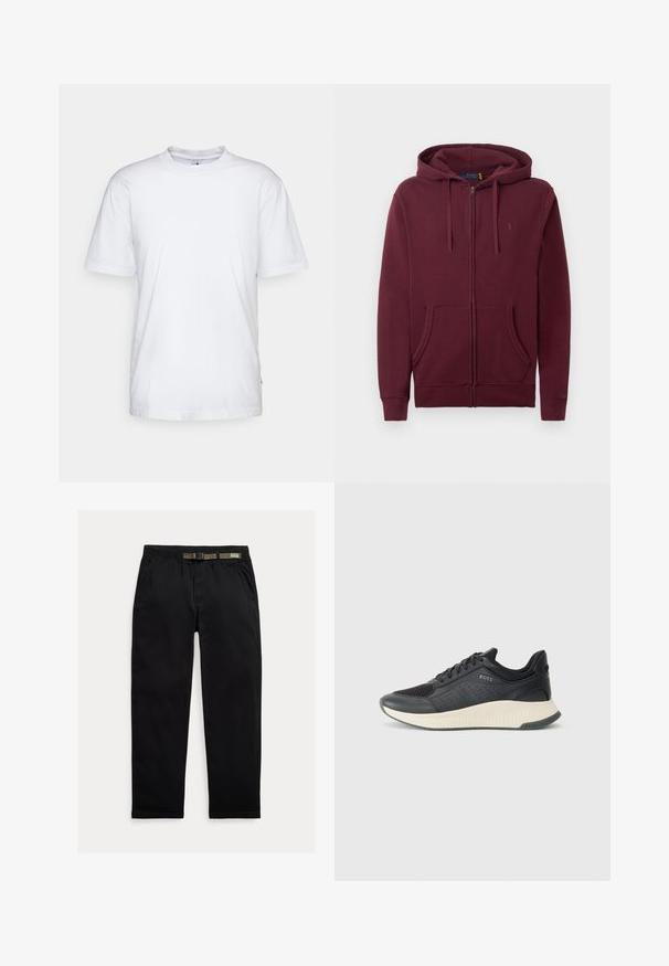 Bordeauxkleurige zip-up hoodie met trekkoordcapuchon, voorzakken en een subtiele geborduurde logo op de borst tegen een witte achtergrond.; Witte katoenen t-shirt met een ronde hals, korte mouwen en een rechte zoom. Heeft een klein merktag aan de linkerkant van de zijnaad.; Zwarte broek van lichtgewicht stof, met een elastische tailleband en een geïntegreerde groene riem, recht model en zijzakken.; Zwarte sport sneaker met een mesh bovenkant met perforaties, een gestructureerde tussenzool in roomkleur en een rubberen buitenzool voor grip.