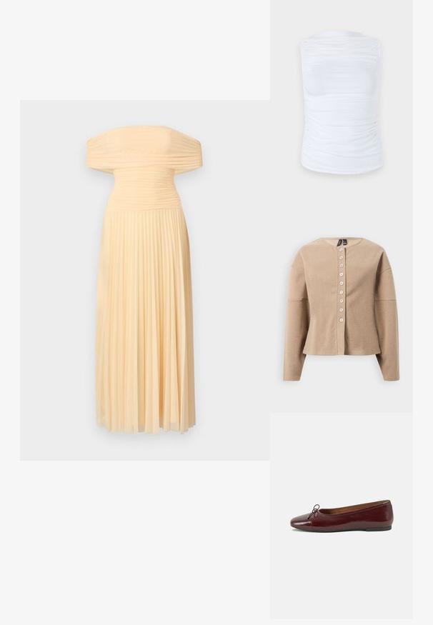Cardigan beige en tissu texturé, avec un col rond, des manches longues et une fermeture à boutons à l'avant avec sept boutons blancs.; Robe décolletée, plissée en tissu pêche clair. Le corsage lisse se transforme en plis fluides, créant une silhouette douce.; Top sans manches blanc en tissu lisse et extensible avec des détails froncés sur les côtés, présentant un col rond et une silhouette cintrée.; Ballerines en cuir verni bordeaux avec un bout rond, un petit nœud décoratif à l'avant et une semelle en caoutchouc noire basse. Texture lisse.