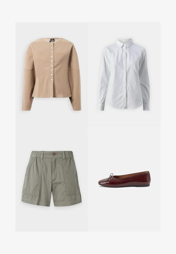 Cardigan beige hecho de tejido texturizado, con un escote redondo, mangas largas y un cierre frontal de botones con siete botones blancos.; Camisa blanca de botones hecha de algodón suave, con un cuello clásico, mangas largas y un dobladillo curvado. Los botones son pequeños y blancos.; Pantalones cortos de color verde aceituna claro, confeccionados en tela de mezcla de algodón, con una cinturilla elástica, bolsillos frontales y un cierre de un solo botón.; Bailarina de charol burdeos con punta redonda, pequeño lazo en la parte frontal y una suela baja de goma negra. Textura suave.