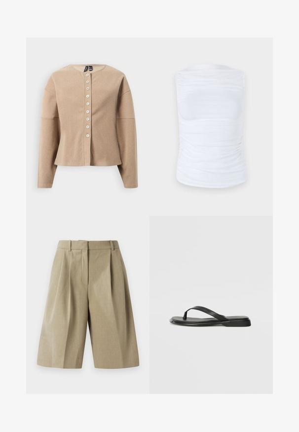 Beige kardigan, mis on valmistatud tekstureeritud kangast, ümmarguse kaelusega, pikkade varrukatega ning seitsme valge nupuga ees.; Valge ilma varrukateta topp, mis on valmistatud siledast ja venivast kangast, mille külgedel on kogutud detailid. Topp on ümmarguse kaelusega ja mudeli järgi istuv.; Beežid kohandatud lühikesed püksid volditud disainiga, valmistatud kergetest kangast. Omab paelaga vöökoht ja sügavaid eesolevaid taskuid.; Musta sussumood, mis on valmistatud siledast nahast. Sellel on õhuke rihma disain ja lame tald minimaalsete joontega. Mingeid silmatorkavaid mustreid või aktsente ei ole.