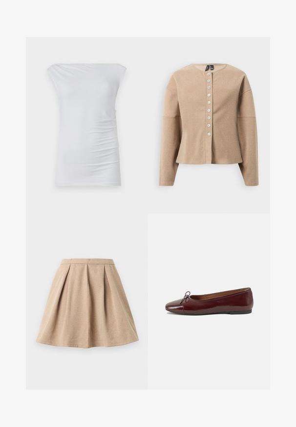 Cardigan beige en tissu texturé, avec un col rond, des manches longues et une fermeture à boutons à l'avant avec sept boutons blancs.; Haut blanc décolleté fait en tissu doux ; présente une coupe ajustée avec des fronces discrètes sur les côtés et une texture lisse.; Jupe plissée beige en tissu texturé, avec une taille ajustée et un design évasé qui arrive au milieu de la cuisse.; Ballerines en cuir verni bordeaux avec un bout rond, un petit nœud décoratif à l'avant et une semelle en caoutchouc noire basse. Texture lisse.