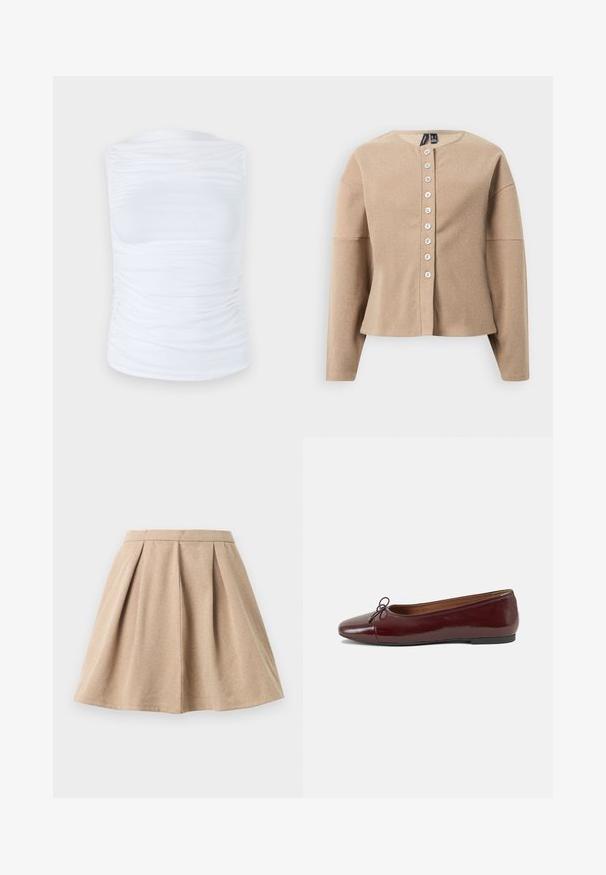 Cardigan beige en tissu texturé, avec un col rond, des manches longues et une fermeture à boutons à l'avant avec sept boutons blancs.; Top sans manches blanc en tissu lisse et extensible avec des détails froncés sur les côtés, présentant un col rond et une silhouette cintrée.; Jupe plissée beige en tissu texturé, avec une taille ajustée et un design évasé qui arrive au milieu de la cuisse.; Ballerines en cuir verni bordeaux avec un bout rond, un petit nœud décoratif à l'avant et une semelle en caoutchouc noire basse. Texture lisse.