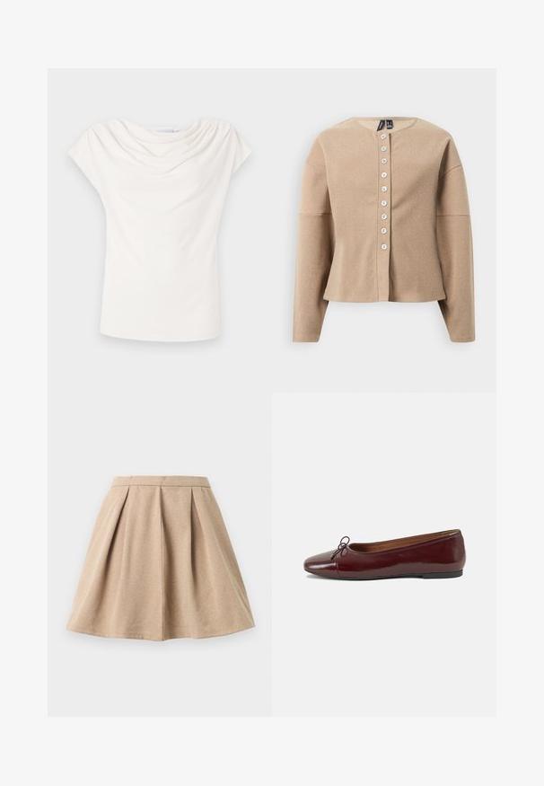Beige cardigan made of textured fabric, featuring a round neckline, long sleeves, and a front button closure with seven white buttons.; White, short-sleeved top with a draped neckline and smooth fabric texture. Simple, fitted design with no visible patterns or accents.; Tan pleated skirt made of textured fabric, featuring a fitted waistband and a flared design that extends to mid-thigh length.; Burgundy patent leather ballet flat with a rounded toe, small bow accent at the front, and a low, black rubber sole. Smooth texture.