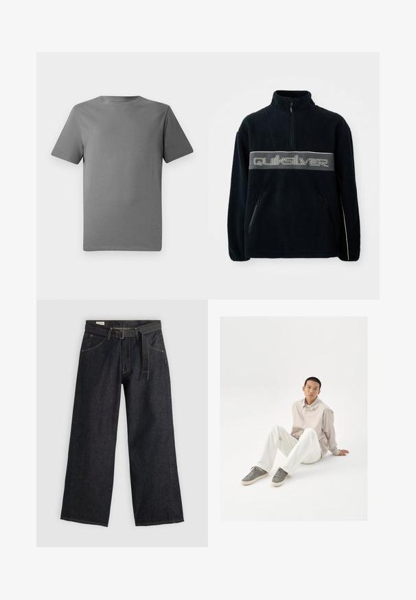 Pulover negru din fleece, cu guler cu fermoar pe un sfert, buzunare laterale cu fermoar și un logo mare Quiksilver pe piept, în gri.; Tricou gri cu mânecă scurtă, realizat din bumbac moale, având decolteu rotund, textură netedă și fără modele sau accente vizibile.; Pantaloni largi din denim închise la culoare, cu talie beltată, având buzunare frontale și cusături contrastante. Textură netedă cu un design simplu.; Cămașă bej cu nasturi, pantaloni albi și adidași gri. Cămașa are o croială lejeră, iar adidașii au o suprafață texturată și un design cu șireturi.