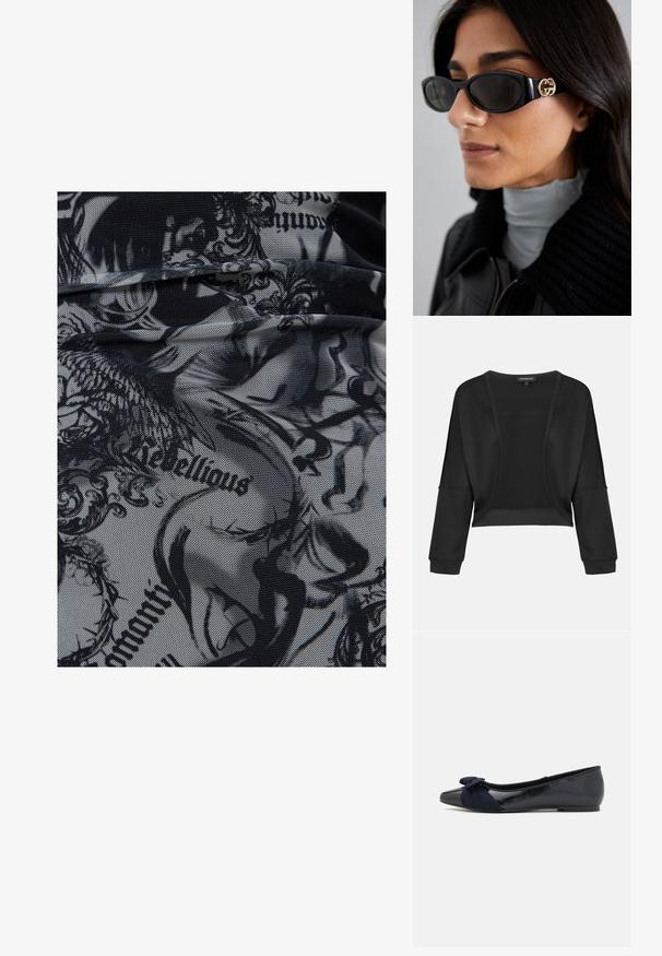 Musta lyhyt cropped-takki, jossa on pitkät hihat, avoin etuosa ja teksturoitu neulepaneeli. Sileä kangas, joka on rento ja väljä istuvuus sekä joustavat hihansuut.; Venytetty kangas, jossa musta ja harmaa printti abstrakteilla kuvioilla ja sana "kapinallinen". Sileä tekstuuri, jossa on verkkomaista ulkonäköä.; Navy ballerinat kengät kiiltävällä lakka pinnalla ja teksturoidulla mokkanahkalla varustetulla kaarrekoristeella, pyöreä varvas ja tasapohja.; Mustat aurinkolasit, joissa on tyylikäs suorakulmainen kehys ja kultainen logo-akkentti sivussa. Tumma linssit ja kiiltävä pinta ovat huomattavissa.; Musta olkalaukku, joka on valmistettu tasaisesta materiaalista, ominaispiirteinään kaareva muoto, kultainen vetoketju ja kulta prässätty logo etupuolella.; Musta nauha-kaulaketju, jossa on kolme säiettä ja tippamuotoinen tumma jalokiviriipus, joissa on metallisia suljentaaksentteja.