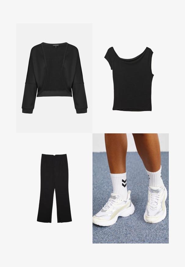 Čierna skrátená bunda s dlhými rukávmi, otvoreným predným dielom a textúrovanou pletenou panelou. Hladká tkanina s uvoľneným a voľným strihom a elastickými manžetami.; Čierny krátky rukáv top vyrobený z hladkej tkaniny; má prehnutý výstrih a asymetrický lem, s priliehavým telom.; Čierne nohavice so strihom rovného strihu, s prednými vreckami a bočnými rozparkami na leme. Vyrobené z mäkkej, hladkej tkaniny. Vhodné na rôzne príležitosti.; Biele tenisky so striebornými akcentmi, z sieťovinového materiálu a s robustným dizajnom. V kombinácii s bielymi ponožkami s čiernymi chevron vzormi.