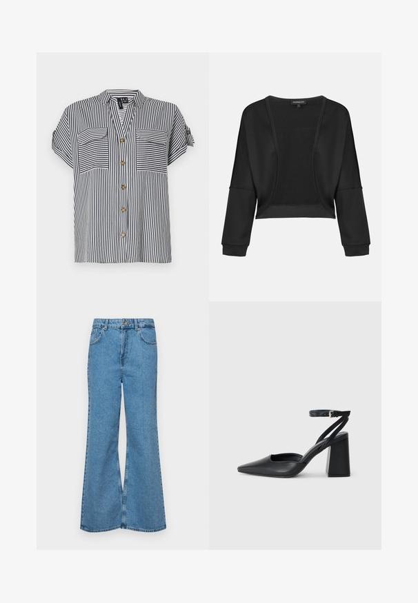 Czarna krótka kurtka z długimi rękawami, otwartym z przodu i strukturalnym panelem dzianinowym. Gładki materiał o swobodnym, luźnym kroju oraz elastycznych mankietach.; Koszula z krótkim rękawem w paski w kolorze granatowym i białym, z dwiema kieszeniami z przodu, zapięciem na guziki i luźnym krojem. Charakteryzuje się guzikami w kolorze złotym.; Jasnoniebieskie dzwony z denimu, z wysokim stanem, pięcioma kieszeniami i zapięciem na jeden guzik. Miękka tekstura z wyblakłym wykończeniem.; Czarne skórzane czółenka z ostrym noskiem, z paskiem na kostce i grubym obcasem. Gładka faktura, elegancki design i minimalistyczna estetyka.