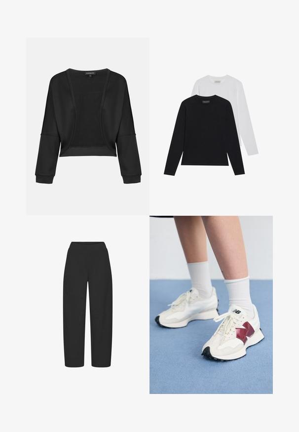 Fekete, rövidített dzseki hosszú ujjakkal, nyitott elülső résszel és texturált kötött panelekkel. Sima anyag, laza, bő szabással és rugalmas mandzsettákkal.; Két hosszú ujjú felső: egy fekete és egy fehér. Mindkettő kerek nyakkivágással és sima, bordázott textúrával rendelkezik. A márkajelzés látható a nyakszíj belsejében.; Fekete, bő szárú nadrág sima, rugalmas anyagból, magas derékpánttal, látható fémrészek vagy minták nélkül.; Fehér sneaker pár, bordó kiegészítőkkel, texturált panelekkel, lapos fekete talppal és világos fűzőkkel, fehér bokazoknival viselve.
