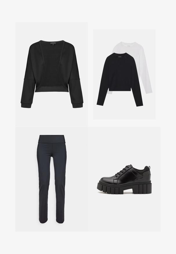 Musta lyhyt cropped-takki, jossa on pitkät hihat, avoin etuosa ja teksturoitu neulepaneeli. Sileä kangas, joka on rento ja väljä istuvuus sekä joustavat hihansuut.; Kaksi pitkähihasta paitaa: yksi musta ja yksi valkoinen. Molemmissa on pyöreä kaula-aukko, raglan-hihat ja pehmeä puuvillasekoitekangas.; Mustat urheiluleggingsit, joissa on leveä ja sileä vyötärö. Valmistettu venyvistä kankaista, joissa on tyylikäs, kapeneva muotoilu ilman näkyviä kuvioita.; Mustat nahkakengät, joissa on lättihenkinen korko, pyöreä kärki ja perinteinen nauhakiinnitys. Ominaisuuksiin kuuluu sileä pintakuvio ja minimaalinen yksityiskohtaisuus.