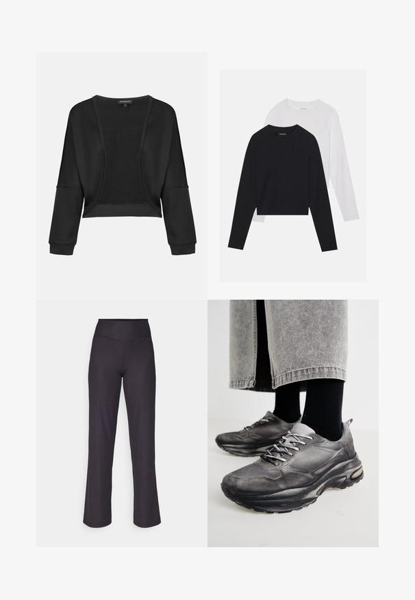 Black cropped jacket with long sleeves, open front, and a textured knit panel. Smooth fabric with a relaxed, loose fit and elastic cuffs.; Two long-sleeved shirts: one black and one white. Both feature a crew neck, raglan sleeves, and a soft cotton blend fabric.; Black ribbed wide-leg pants with a high elastic waistband, featuring a smooth texture and clean seams for a fitted appearance.; Black and gray athletic shoes feature a mesh upper, thick soles, and laces. They have a rounded toe and visible cushioning detail.