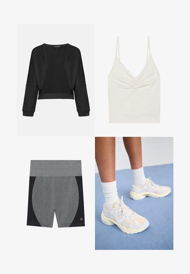 Černá zkrácená bunda s dlouhými rukávy, otevřeným předním dílem a texturovaným pleteným panelem. Hladký materiál s uvolněným, volným střihem a elastickými manžetami.; Bílý bezramínkový top na ramínka z měkké elastické tkaniny, s výstřihem do V a nařasenými detaily uprostřed. Tenké špagetové ramínka a hladká textura.; Šedé sportovní šortky s širokým elastickým pasem. Obsahují strukturovanou černou boční část a logo v pravém dolním rohu. Hladký materiál.; Elegantní sportovní boty ve světle žluté a bílé barvě, vyrobené z jemné síťoviny a syntetických materiálů, s zaobleným tvarem a texturovanou podrážkou.