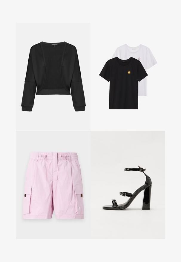 Schwarze, verkürzte Jacke mit langen Ärmeln, offenem Vorderteil und strukturiertem Strickpanel. Glattes Material mit einem entspannten, lockeren Schnitt und elastischen Bündchen.; Schwarz-weiße T-Shirts, Rundhals, kurze Ärmel. Das schwarze Shirt hat eine gelbe Sonnenstickerei; das weiße eine lila Halbmond-Akzent.; Helle rosa Cargo-Shorts mit elastischem Bund, ausgestattet mit zwei seitlichen Taschen und einem mehrfarbigen Etikett auf der linken Seite. Glatte Textur.; Schwarze patentierte Sandalen mit Absatz, quadratischer Spitze, Knöchelriemen und silbernen Schnallen. Mit einem stabilen Blockabsatz für mehr Stabilität.