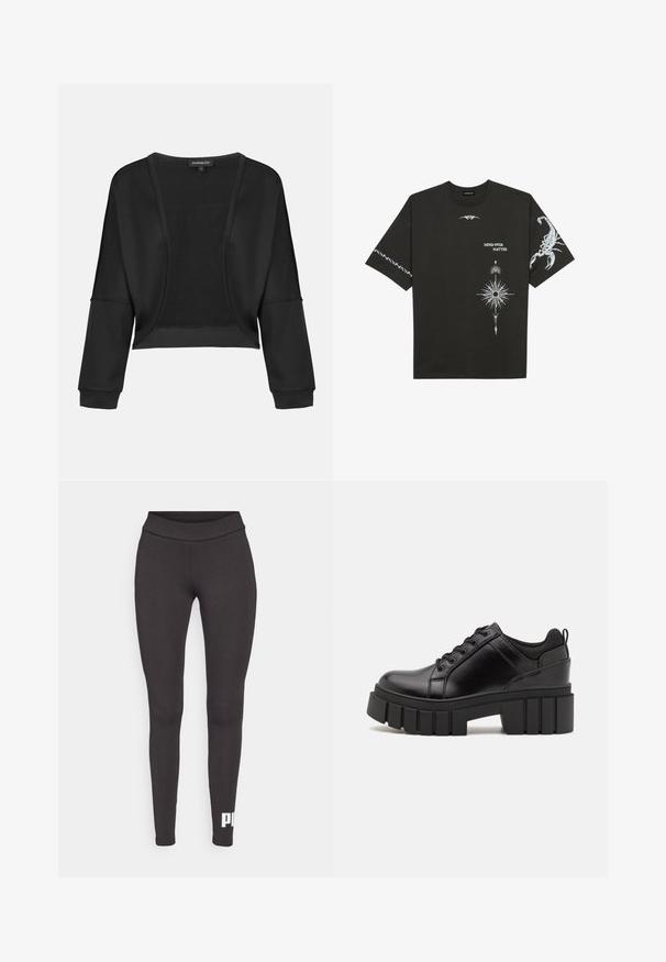 Giacca nera corta con maniche lunghe, apertura frontale e un pannello in maglia testurizzata. Tessuto liscio con un taglio rilassato e comodo, e polsini elasticizzati.; T-shirt in cotone nero con stampe grafiche bianche, tra cui un scorpione e design astratti. Maniche corte; scollatura rotonda.; Leggings neri realizzati in tessuto elastico, con una cintura alta e un logo bianco stampato sulla parte inferiore della gamba sinistra. Texture liscia.; Scarpe platform in pelle nera con tacco a blocco robusto, punta rotonda e design tradizionale con lacci. Presentano una superficie liscia e dettagli minimi.
