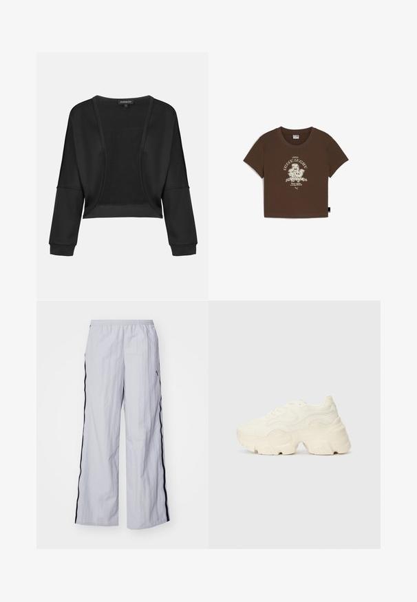 Musta lühike jakki, millel on pikad varrukad, avatud eesmine osa ja tekstuuriga kudum. Sile kude, lõdva ja vaba siluett ning elastsed mansetid.; Pruunist puuvillast lühikeste varrukatega lühike t-särk, millel on valge graafiline print "SNACK FAMILY" ja joonistused. Ümmargune kaelus.; Heledah hallid laiad püksid tekstuurse viimistlusega, mustade külgtriipudega ja elastse vöökoha mugavuseks.; Paksud valged tennised, mis on valmistatud tekstureeritud võrgu- ja sünteetilistest materjalidest, pakuvad paksu tallaga ja keerukat mustrit külgedel.