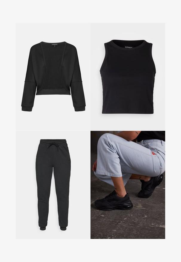 Juodas trumpas švarkas su ilgomis rankovėmis, atvira priekyje ir tekstūruotu megztu paneliu. Sklandi medžiaga su laisvu, laisvu pjaustymu ir elastingomis rankovių gumomis.; Juodas kanalų rašto trumpas topas su apvaliu iškirpimu ir be rankovių dizainu. Pagaminta iš minkštos, elastingos medžiagos, kurios kraštai tvarkingai apdirbti.; Juodos sportinės kelnės, pagamintos iš minkštos medvilnės mišinio, su elastinga juosmens juosta ir raišteliu, sutrauktomis kulkšnimis ir subtilia šonine marke.; Juodi sportiniai batai su tekstūruota viršutine dalimi, storu padu ir oro amortizacija. Sukontrastuoti su šviesiai mėlynomis trumpomis kelniomis neformaliai pozicijoje.