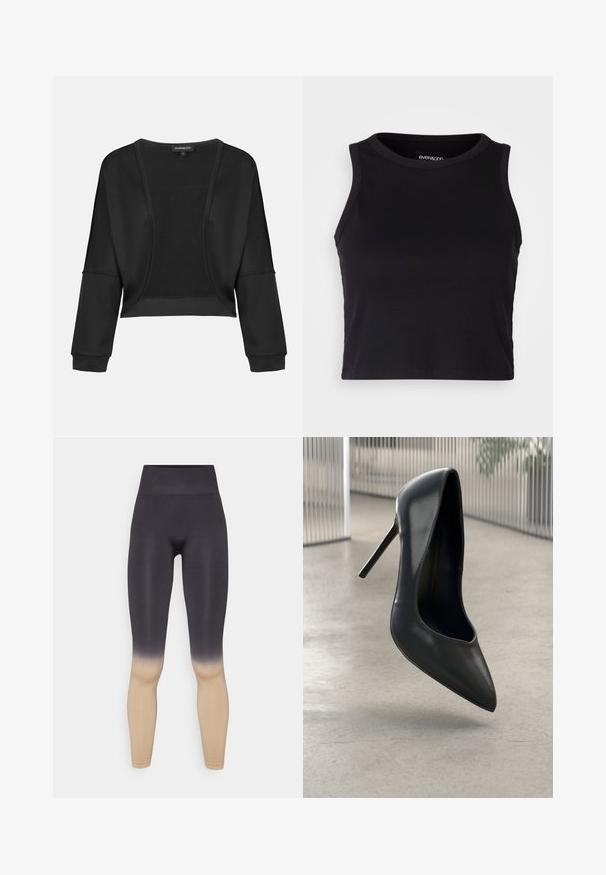 Black cropped jacket with long sleeves, open front, and a textured knit panel. Smooth fabric with a relaxed, loose fit and elastic cuffs.; Black ribbed crop tank top with a round neckline and sleeveless design. Made from soft, stretchy fabric, featuring clean hemmed edges.; Black and beige ombre leggings with a high waistband. Made from a stretchy material, featuring a smooth texture and fitted design.; Black leather high-heeled pump with pointed toe, sleek design, and no visible hardware. Smooth texture and minimalistic style.