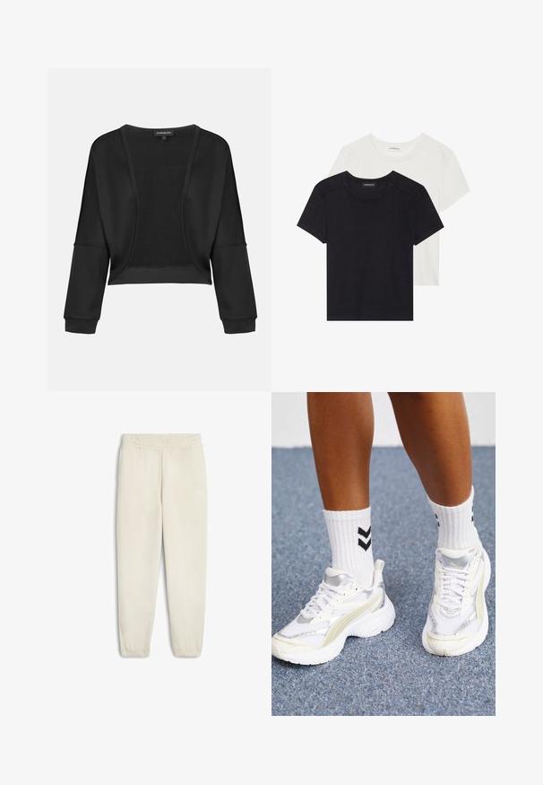 Veste noire cropped avec manches longues, devant ouvert et un panneau en tricot texturé. Tissu lisse avec une coupe décontractée et ample, et des poignets élastiques.; Deux T-shirts à manches courtes en noir et blanc. Fabriqués en coton doux, avec un col rond et une coupe standard, avec peu de détails de couture.; Pantalons de survêtement beige clair en tissu doux, avec une taille élastique, des chevilles resserrées et un petit logo blanc sur le côté.; Baskets blanches avec des accents argentés, en matériau en maille et au design volumineux. Associées à des chaussettes blanches avec des motifs en chevron noirs.