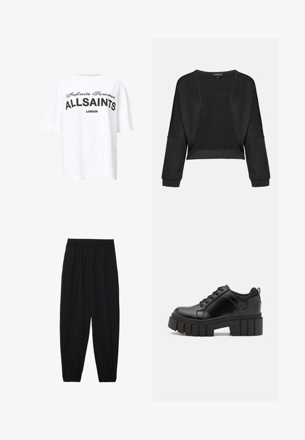 Black cropped jacket with long sleeves, open front, and a textured knit panel. Smooth fabric with a relaxed, loose fit and elastic cuffs.; White cotton t-shirt featuring black printed text "Infinite Summer ALLSAINTS LONDON" in bold and script fonts, relaxed fit, short sleeves.; Black, lightweight pants with an elastic waistband and gathered ankles. The fabric is smooth and features a relaxed, tapered design.; Black leather platform shoes with a chunky block heel, round toe, and traditional lace-up design. Features smooth texture and minimal detailing.