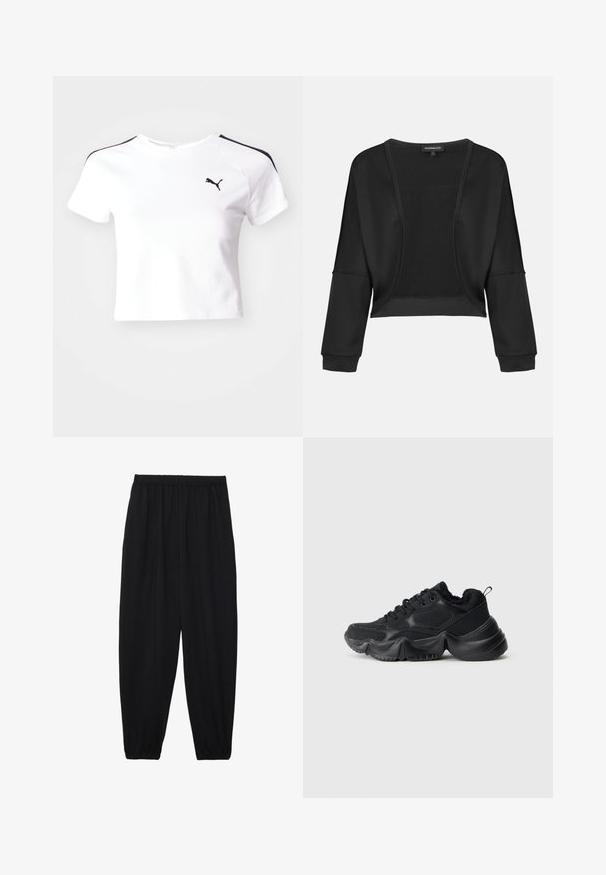 Čierna skrátená bunda s dlhými rukávmi, otvoreným predným dielom a textúrovanou pletenou panelou. Hladká tkanina s uvoľneným a voľným strihom a elastickými manžetami.; Biely cropovaný tričko vyrobené z bavlny, s čiernymi akcentmi na pleciach a malým čiernym logom na ľavej strane hrudníka.; Čierne, ľahké nohavice s elastickým pásom a zúženými nohavicami. Tkanina je hladká a má voľný, zúžený strih.; Čierne tenisky s kombináciou hladkých a textúrovaných materiálov, s hrubými podrážkami, zaobleným tvarom a dekoratívnym prešívaním. Majú mäkký, plyšový lem.