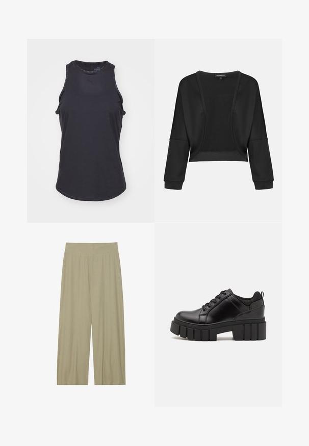 Fekete, rövidített dzseki hosszú ujjakkal, nyitott elülső résszel és texturált kötött panelekkel. Sima anyag, laza, bő szabással és rugalmas mandzsettákkal.; Fekete, ujjatlan sporttank, könnyű anyagból készült, kerek nyakkivágással és ívelt aljjal, finom márkás logó részletekkel.; Világos olívazöld, bő szárú nadrág texturált anyagból, függőleges pliszékkal és kényelmes, rugalmas derékpánttal.; Fekete bőr platform cipők vaskos blokk sarkakkal, kerek orral és hagyományos fűzős kialakítással. Simára csiszolt felület és minimális részletezés jellemzi.