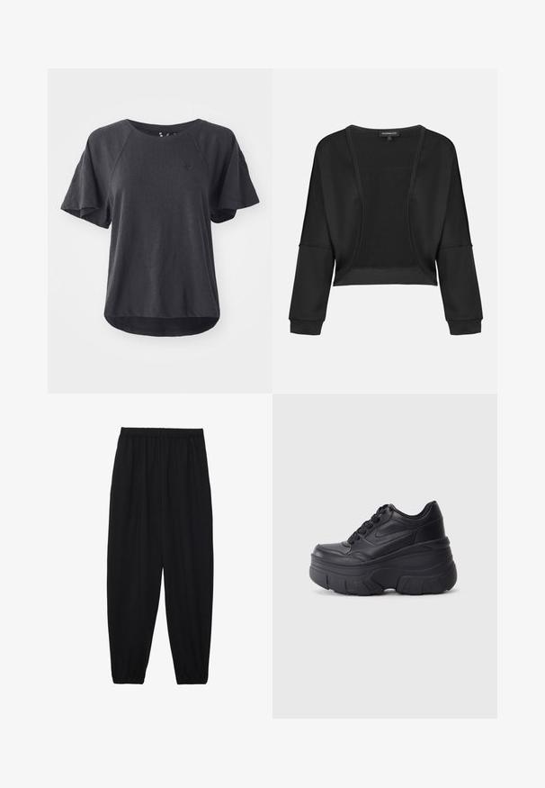 Čierna skrátená bunda s dlhými rukávmi, otvoreným predným dielom a textúrovanou pletenou panelou. Hladká tkanina s uvoľneným a voľným strihom a elastickými manžetami.; Čierne tričko vyrobené z mäkkej látky, s okrúhlym výstrihom, krátkymi raglánovými rukávmi a zaobleným lemom. Malé logo na hrudi.; Čierne, ľahké nohavice s elastickým pásom a zúženými nohavicami. Tkanina je hladká a má voľný, zúžený strih.; Čierne šnurovacie tenisky s hrubou podrážkou, s hladkým koženým zvrškom, okrúhlou špičkou a charakteristickým vrstveným dizajnom platformy.