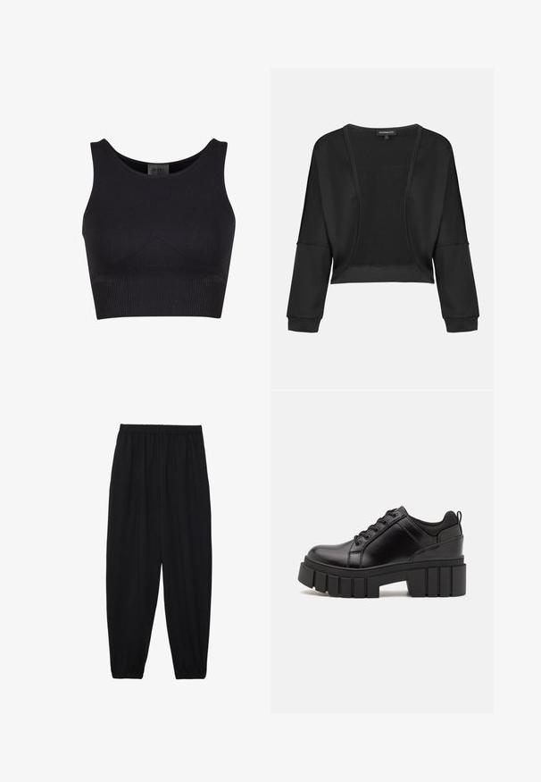 Schwarze, verkürzte Jacke mit langen Ärmeln, offenem Vorderteil und strukturiertem Strickpanel. Glattes Material mit einem entspannten, lockeren Schnitt und elastischen Bündchen.; Schwarzes, geripptes Crop-Top mit rundem Ausschnitt und breiten Trägern. Es hat ein tailliertes Design und nahtlose Kanten für hohen Tragekomfort.; Schwarze, leichte Hosen mit einem elastischen Bund und gerafften Knöcheln. Der Stoff ist glatt und hat ein entspanntes, schmal zulaufendes Design.; Schwarze Lederplateauschuhe mit klobigem Blockabsatz, runder Zehenpartie und traditionellem Schnürdesign. Verfügt über eine glatte Textur und minimale Details.