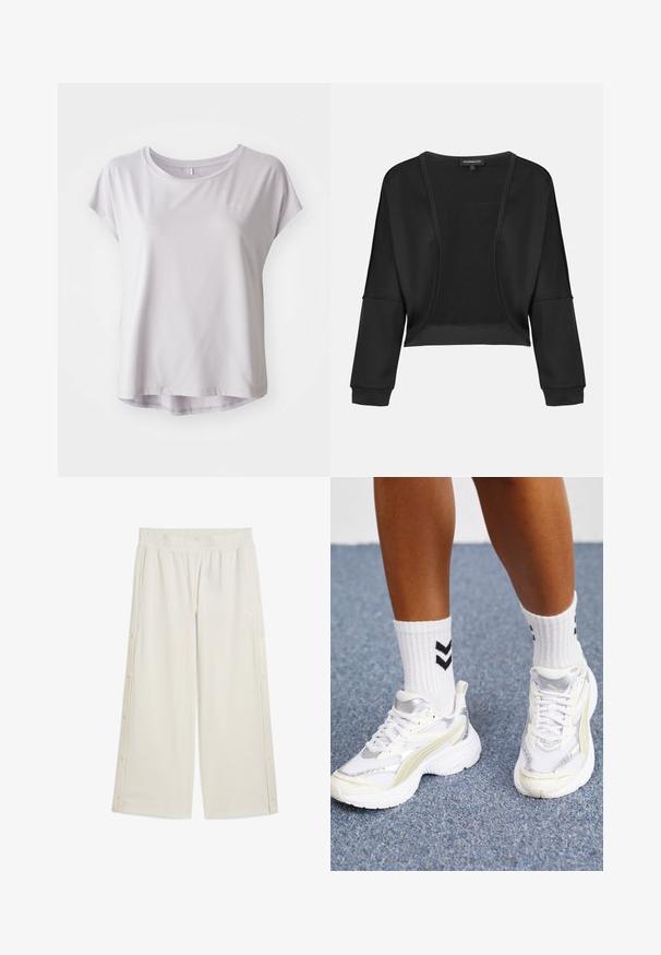 Melna īsā jaka ar garām piedurknēm, atvērta priekšpuse un teksturēta adīšanas paneļa. Gluda auduma ar brīvu, vaļīgu piegriezumu un elastīgām aprocēm.; Gaišs pelēks īsām piedurknēm sporta krekls, kas izgatavots no gludas, elpojošas auduma; apaļš dekoltē ar nelielu izliekumu apakšmalā, nodrošinot brīvu piegriezumu.; Beige platajā stila bikses ar elastīgu jostu, sānu pogu aizdares un nelielu logo priekšpusē. Izgatavotas no gludas, vieglas materiāla.; Balti sporta apavi ar sudraba akcentiem, no sieta materiāla un masīvu dizainu. Saskaņoti ar baltiem zeķēm ar melniem diogēna rakstiem.