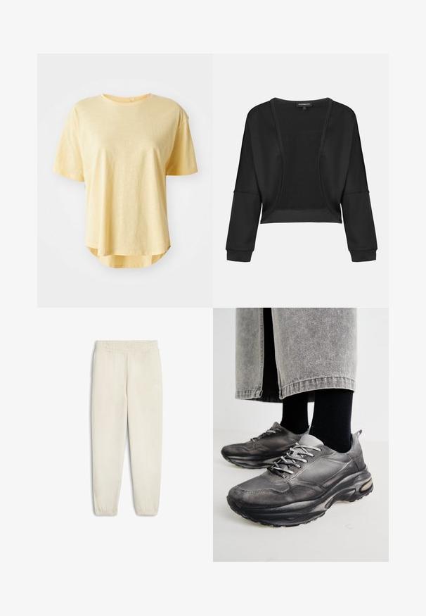 Sort cropped jakke med lange ærmer, åben front og et struktureret strikpanel. Glat stof med en afslappet, løs pasform og elastiske manchetter.; Gul t-shirt med korte ærmer, afslappet pasform, rund halsudskæring, let buet kant og blød stoftekstur.; Lys beige sweatpants lavet af blødt stof, med elastisk talje, afslutning ved anklerne og et lille hvidt logo på siden.; Sorte og grå atletiske sko har en mesh-overdel, tykke såler og snørebånd. De har en afrundet tå og synligt dæmpningsdetalje.