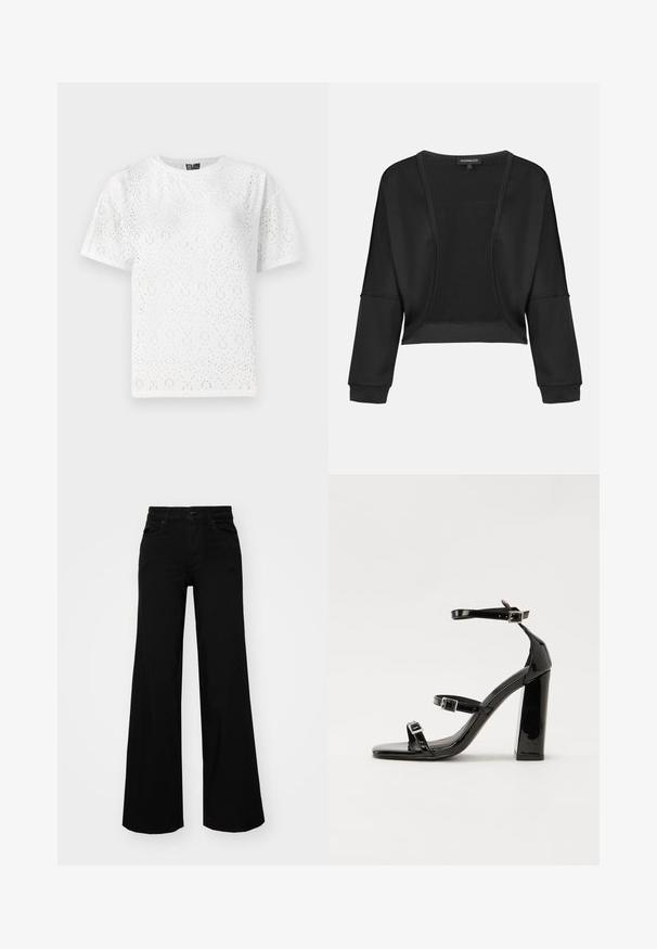 Sort cropped jakke med lange ærmer, åben front og et struktureret strikpanel. Glat stof med en afslappet, løs pasform og elastiske manchetter.; Hvid bomulds t-shirt med et perforeret mønster med buede former, korte ærmer og rund halsudskæring. Glat tekstur og afslappet pasform.; Sorte bukser med bred benvidde lavet af denim, med en struktureret talje, bæltesløjfer og forlommer. Glat tekstur med et klassisk design.; Sorte patenterede hælsandaler med firkantet tå, ankelremme og sølvspænder. Har en chunky blokHæl for stabilitet.