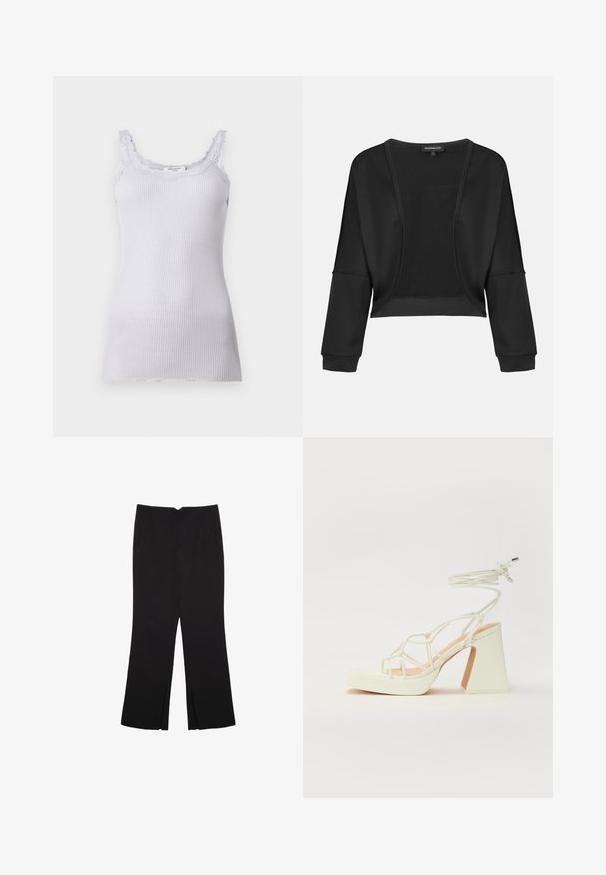 Crna skraćena jakna dugih rukava, otvorenog prednjeg dijela i propletenog panele. Glatka tkanina s opuštenim, slobodnim krojem i elastičnim manžetama.; Lila rebrasta majica bez rukava s čipkastim rubom oko dekoltea i naramenica, s prilagođenim siluetom i mekim teksturom. Nema vidljivih logotipa.; Crne hlače ravnog kroja, s prednjim džepovima i bočnim prorezima na rubu. Izrađene od mekog i glatkog materijala. Pogodne za razne prigode.; Bijela sandala na visokoj potpetici s debelim petom, s remenom i vezanjem oko gležnja. Glatka tekstura s platformom sprijeda za dodatnu visinu.