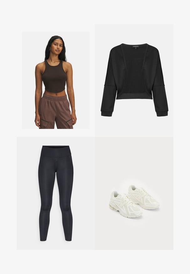 Chaqueta negra corta con mangas largas, abertura al frente y un panel de tejido texturizado. Tela suave con un ajuste relajado y holgado, y puños elásticos.; Top corto de canalé marrón con escote redondeado y costuras mínimas, combinado con pantalones marrones claros que cuentan con bolsillos laterales y cinturilla elástica.; Leggings negros hechos de una tela suave y elástica. Cintura alta sin patrones ni acentos visibles. Se ajustan estrechamente desde la cintura hasta los tobillos.; Zapatillas deportivas blancas con materiales de malla y sintéticos, diseño de cordones, cuello acolchado y suela texturizada para agarre. Construcción ligera.
