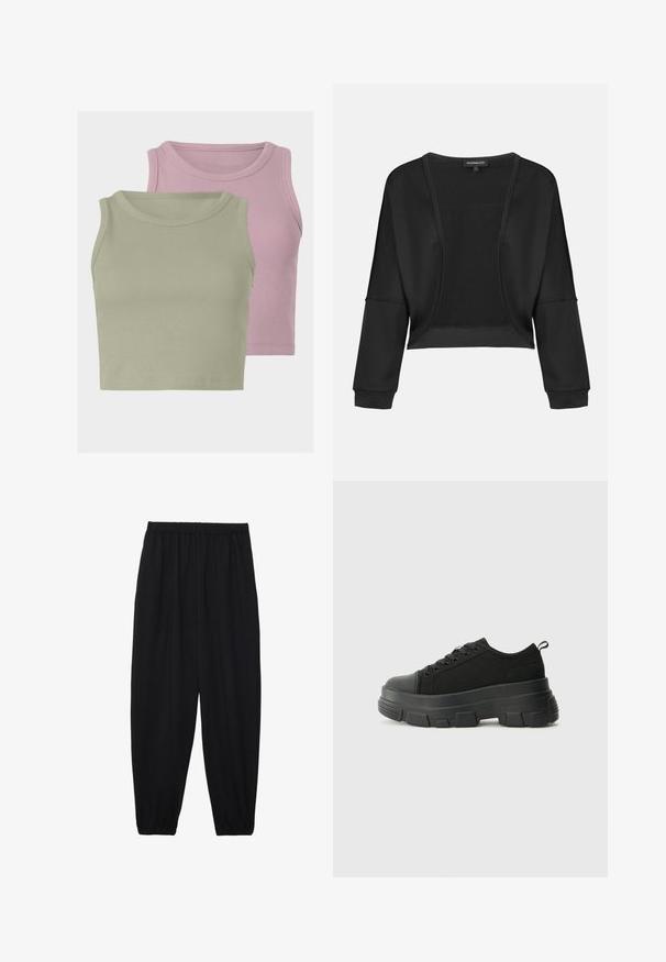 Fekete, rövidített dzseki hosszú ujjakkal, nyitott elülső résszel és texturált kötött panelekkel. Sima anyag, laza, bő szabással és rugalmas mandzsettákkal.; Két ujjatlan, bordázott cropped top, az egyik világoszöld, a másik világosrózsaszín színben, amelyeket puha textúra és kerek nyakkivágás jellemez.; Fekete, könnyű nadrág elasztikus derékkal és ráncolt bokákkal. Az anyag sima és laza, szűkített dizájnnal rendelkezik.; Fekete sportcipők vastag gumitalppal, texturált szövet felsőrésszel, kerek orral és fűzős kialakítással. Megerősített fűzőlyukakkal és hátsó húzófüllel rendelkezik.