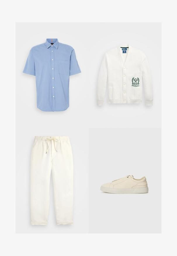 Vit kofta med v-ringning, fem knappar, två framfickor och en grön Wimbledon-logotyp broderad på vänster sida. Mjuk tygtextur.; Ljusblå kortärmad knapp-up skjorta i lätt tyg, med en bröstficka och klassisk krage med vita knappar.; Ljus krämfärgade, avslappnade byxor i mjukt tyg. Har elastisk midja med dragsko och smalnande bendesign.; Beige lädersneaker med rund tå, minimalistisk design, subtila stygndetaljer och en texturerad ovandel, på en ljus sula.
