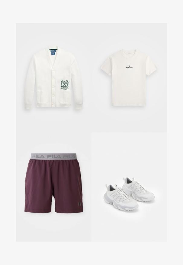 Cardigã branco com decote em V, cinco botões, dois bolsos frontais e um logótipo verde de Wimbledon bordado no lado esquerdo. Textura de tecido suave.; T-shirt de algodão branco com um logo bordado preto de um jogador de polo e o texto "Ralph Lauren" no peito. Mangas curtas, gola redonda.; Calções desportivos cor burdeos feitos de tecido leve, com um cós elástico cinza com o logótipo "FILA" e bolsos laterais.; Sapatilhas brancas com parte superior em malha, acentos cinzentos, sola de borracha texturizada e alça no calcanhar; apresentam um design com atacadores.