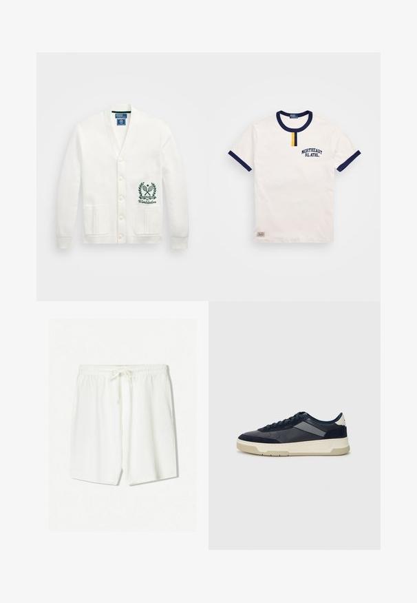 Witte cardigan met een V-hals, vijf knopen, twee voorzakken en een groen Wimbledon-logo geborduurd aan de linkerkant. Zachte stoftextuur.; Witte katoenen t-shirt met marineblauwe ronde hals en mouwaccenten. Bevat een klein geel knoopdetail en geborduurd "NORTHEAST RL ATHL."; Witte sportieve shorts van lichtgewicht stof, met een elastische tailleband en een trekkoord, en zijzakken. Zachte textuur.; BOSS BALTIMORE - Sneakers laag - open blue