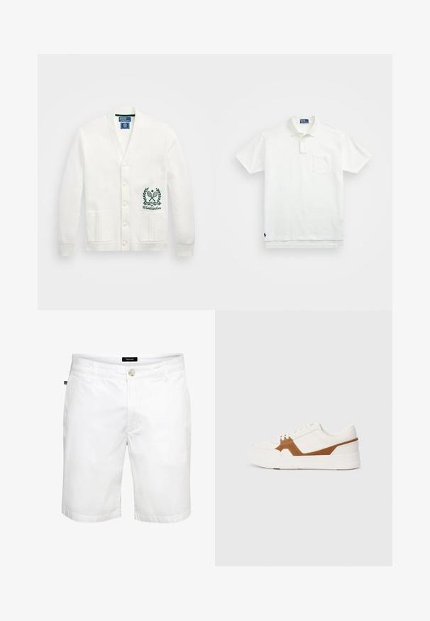 Cardigan bianco con scollo a V, cinque bottoni, due tasche frontali e logo di Wimbledon verde ricamato sul lato sinistro. Tessuto morbido.; Polo bianco in cotone, con colletto classico, placca con tre bottoni e taschino sul lato sinistro del petto; piccolo logo sull'orlo.; Bermuda bianche in cotone con taglio dritto, dotate di chiusura frontale con bottone e tasche standard, texture liscia e design pulito.; Sneaker bianca con dettagli in pelle scamosciata marrone, caratterizzata da una finitura testurizzata, punta rotonda, suola spessa e design tradizionale con lacci.