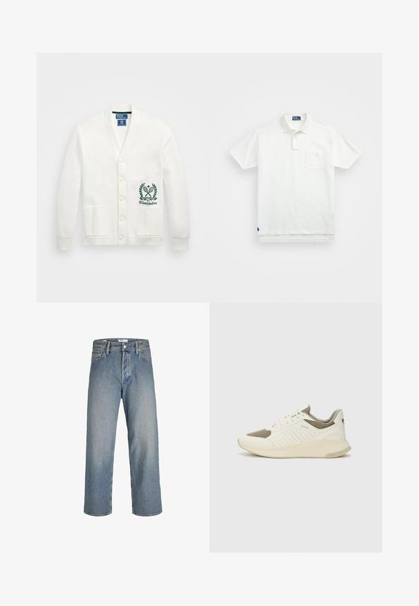 Biały kardigan z dekoltem w serek, pięcioma guzikami, dwiema przednimi kieszeniami oraz zielonym haftem logo Wimbledonu po lewej stronie. Miękka tekstura materiału.; Biała koszulka polo wykonana z bawełny, z klasycznym kołnierzykiem, trzema guzikami oraz kieszonką na lewym piersi; małe logo na dolnym brzegu.; Jasnoniebieskie dżinsy o luźnym kroju, wysokim stanie i prostych nogawkach. Posiadają kieszenie z przodu oraz metalowe zapięcie.; Białe i jasnobeżowe sneakersy sportowe, z siateczkową cholewką, perforowanymi detalami oraz teksturowaną podeszwą śródstopia z brandingiem na pięcie.