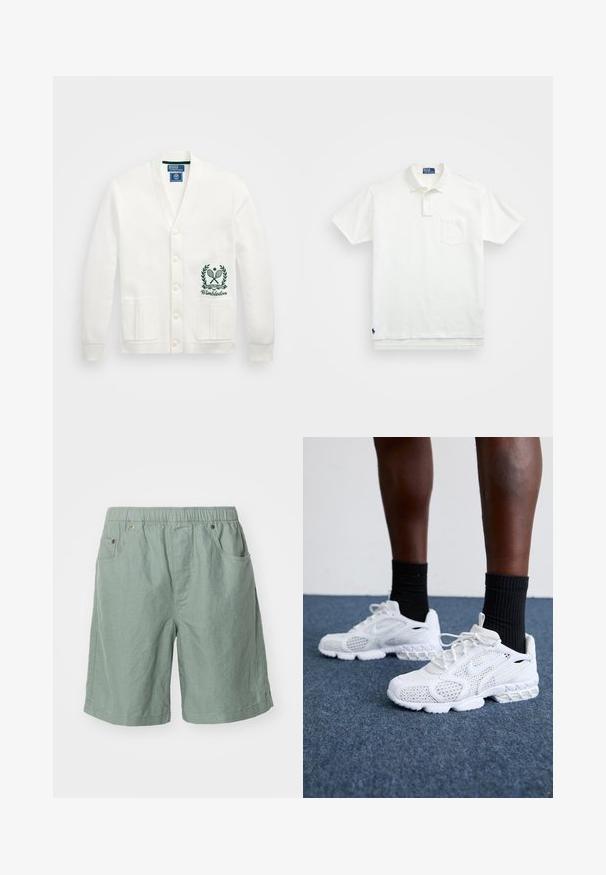 Vit kofta med v-ringning, fem knappar, två framfickor och en grön Wimbledon-logotyp broderad på vänster sida. Mjuk tygtextur.; Vit polo skjorta i bomull med en klassisk krage, treknapps placket och en bröstficka på vänster sida; liten logga vid fållen.; Ljusgröna shorts i texturerad tyg med elastisk midja, med två sidfickor och minimala sömdetaljer.; Vita sportskor med meshovandel, texturerade detaljer och välvd sula. Matchade med svarta ribbade ankelsockor på en blå heltäckningsmatta.