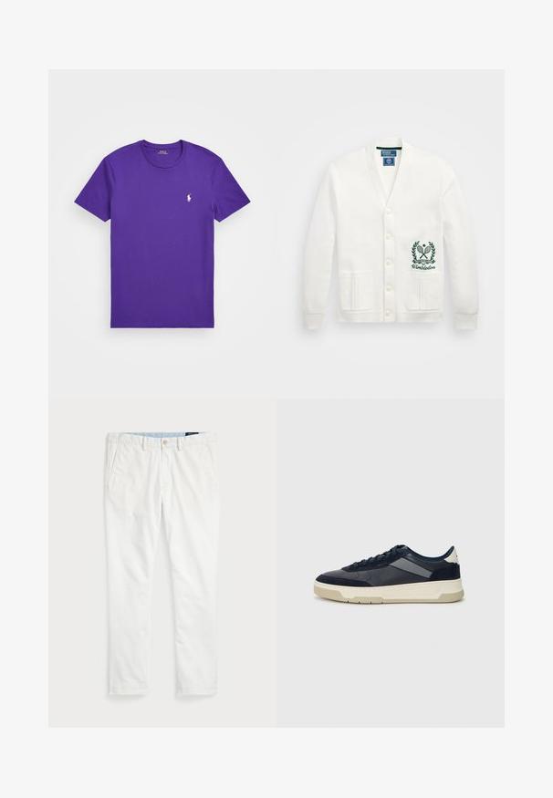 Fehér kardigán V nyakkal, öt gombbal, két elülső zsebbel és egy zöld Wimbledon logóval hímezve a bal oldalon. Puha szövet tapintás.; Polo Ralph Lauren CUSTOM SLIM FIT JERSEY CREWNECK T-SHIRT - Basic póló - purple cactus; Fehér pamut chino nadrág, lapos elülső résszel, övhurkokkal, két oldalsó zsebbel és egy hátsó zsebbel. Simább textúrájú, egyenes szárú.; BOSS BALTIMORE - Sportcipő - open blue