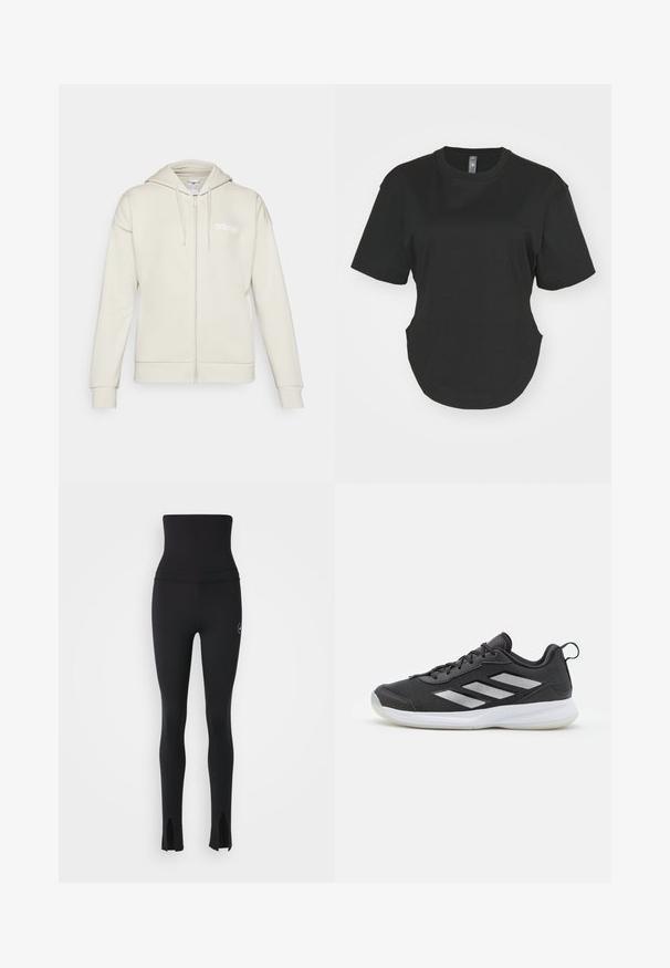 Svijetlosmeđi dukserica na zip, izrađena od mekanog materijala. Ima kapuljaču, prednje džepove i bijeli adidas logo na lijevoj strani prsnog koša.; Crna majica kratkih rukava od pamuka. Okrugli izrez s zakrivljenim rubom i bočnim prorezima. Glatka tekstura, ležeran kroj.; adidas by Stella McCartney Tajice - black; Crne atletske tenisice s prozračnom mrežastom gornjom strukturom, reflektirajućim srebrnim detaljima i podstavljenim bijelim gumeni potplatom. Dizajn na vezanje.